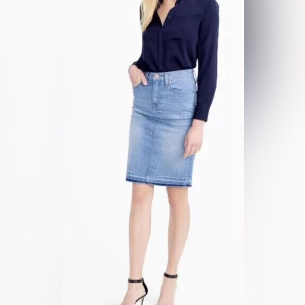 J. Crew Denim Blue Jean Pencil Skirt w/ Raw Hem Style #C5647 Sz 27